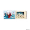 Mini-Silhouette Lübeck in geöffneter Streichholzschachtel: bunter Schuber Mini-Lübeck und 3D-Holzskyline mit Holstentor, Türmen und Kogge, weißer Hintergrund