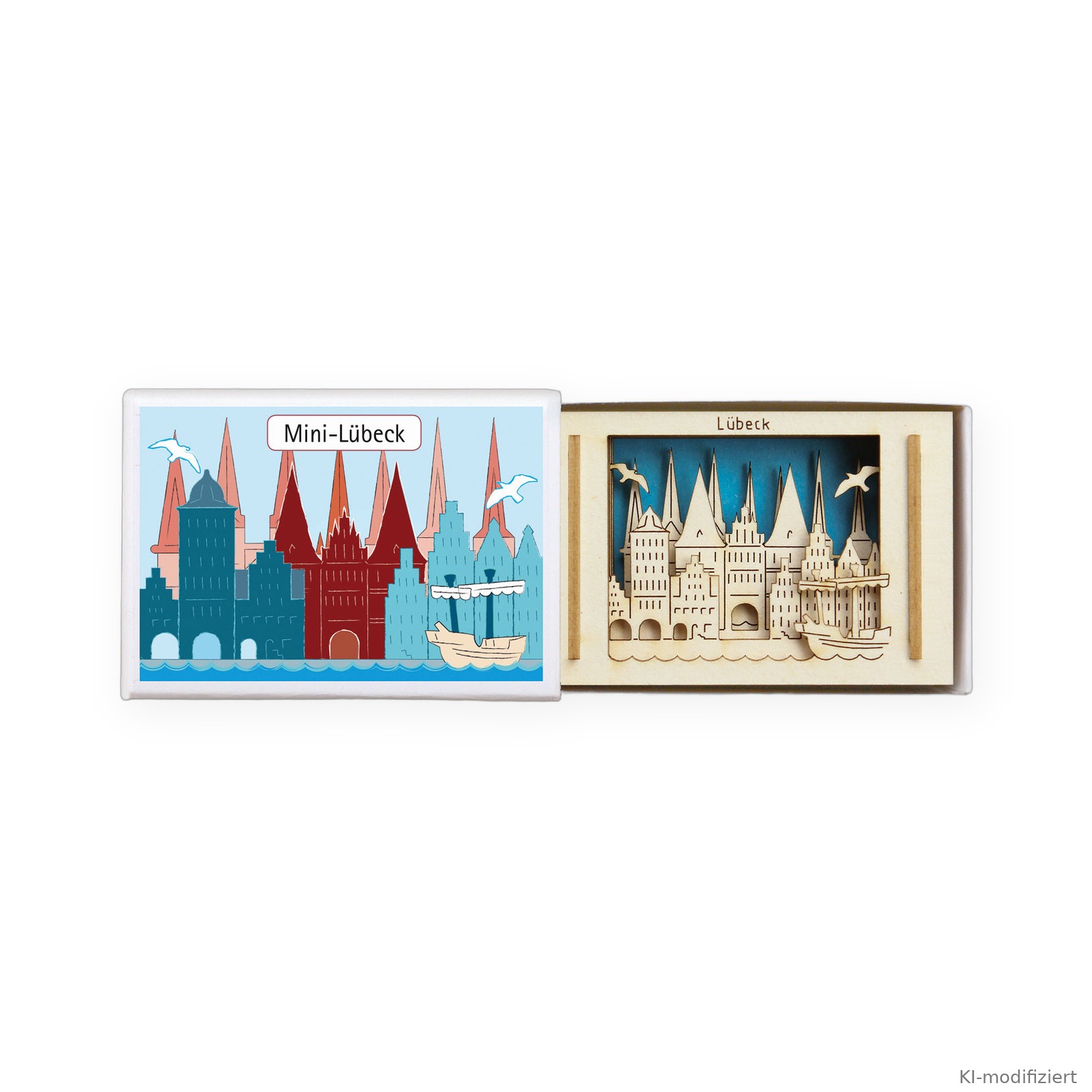 Mini-Silhouette Lübeck in geöffneter Streichholzschachtel: bunter Schuber Mini-Lübeck und 3D-Holzskyline mit Holstentor, Türmen und Kogge, weißer Hintergrund